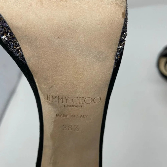 Jimmy Choo Leather Misty 120 Twilight Black Suede Glitter Sandals Heels 38.5/8.5 - Picture 11 of 14
